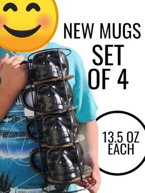 NEW Skull Mug Set of 4 Stackable Mugs Dia De Los Muertos Skulls Halloween Stonew